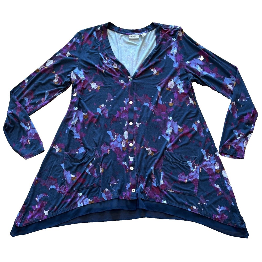 LOGO Lori Goldstein Womens Medium Cardigan Navy Purple Abstract Sharkbite Hem